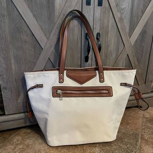 Saks Fifth Avenue Cream Tan Nylon Tote Bag